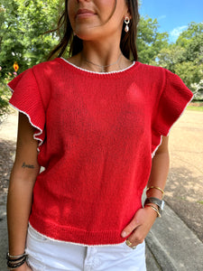 red flutter sleeve top